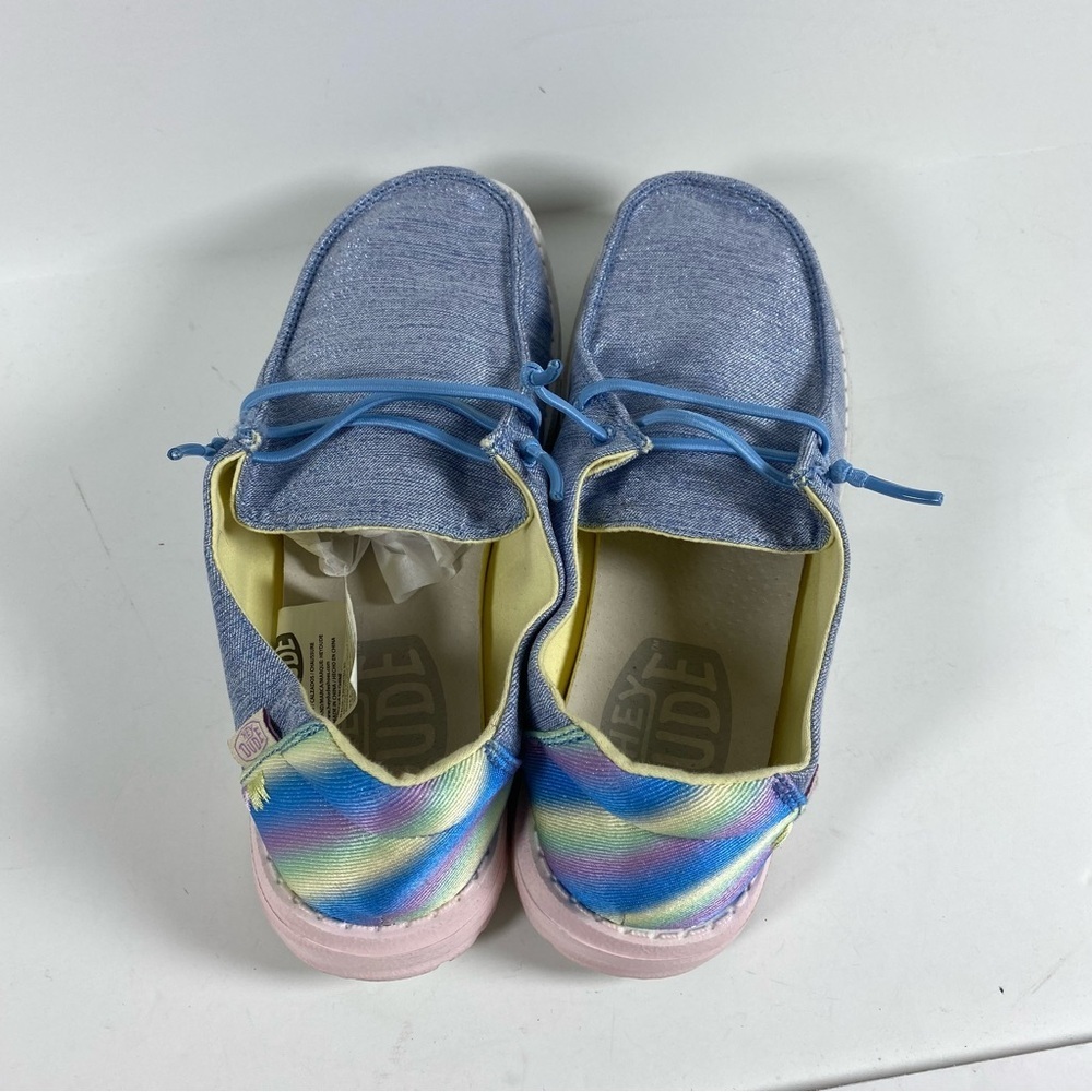 Hey Dude Kids Wendy Moc Toe Sneaker Light Blue Sparkle Denim Shoes size Y5 Youth - Picture 6 of 9